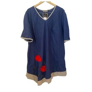 Zele Womens NWT Blue Embroidered Linen Lagenlook Dress